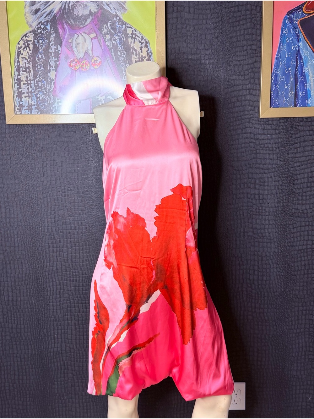 Pink Halter Mini Dress with Bold Red Floral Print